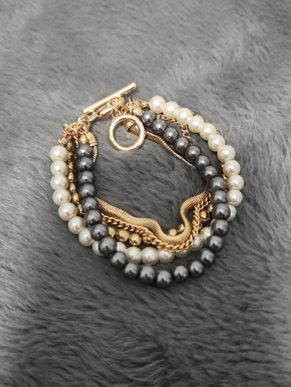 Gold Multi-Row Pearl & Hematite Bracelet